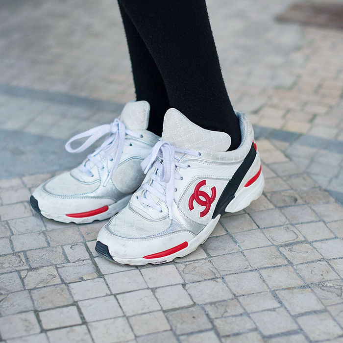 Red and white chanel on sale sneakers