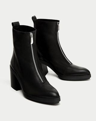 Zara + High Heel Leather Ankle Boots With Zip