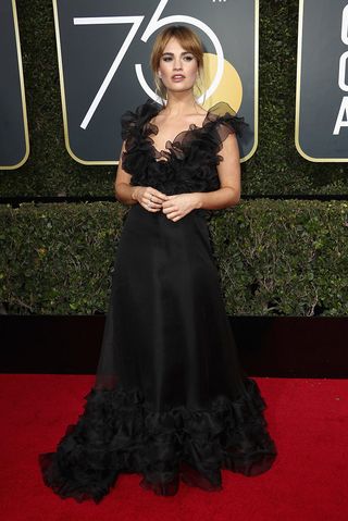 Valentino + TIME'S UP Black Dress Worn by Lily James to 75th Golden Globe Awards