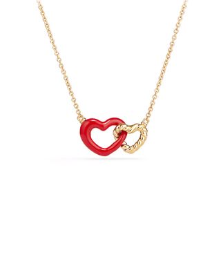 David Yurman + Double Heart Pendant Necklace in Red Enamel and 18K Gold