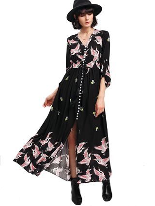 Milumia + Button Up Split Floral Print Flowy Party Maxi Dress in Black 5