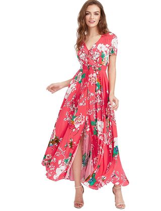 Milumia + Button Up Split Floral Print Flowy Party Maxi Dress in Red