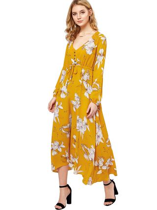 Milumia + Button Up Split Floral Print Flowy Party Maxi Dress in Yellow White