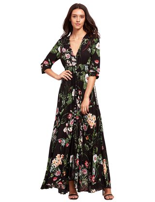 Milumia + Button Up Split Floral Print Flowy Party Maxi Dress in Black Green