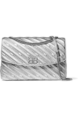 Balenciaga + BB Round Large Embroidered Metallic Textured-Leather Shoulder Bag