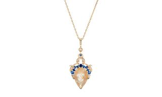 Anna Sheffield + Celestine Pear Necklace in Yellow Gold, Golden Rutliated Quartz, Sapphires & Champagne Diamonds