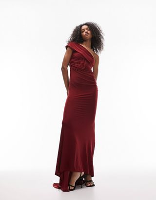 Topshop + Super Soft Shaping Draped One Shoulder Maxi Dress in Red