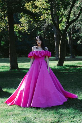 Markarian + Ambrosia Pink Silk Faille Off-The-Shoulder Ruffle Neckline Gown