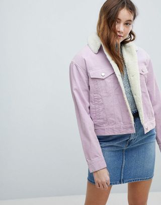 ASOS + Cord Jacket With Fleece Collar in Lilac