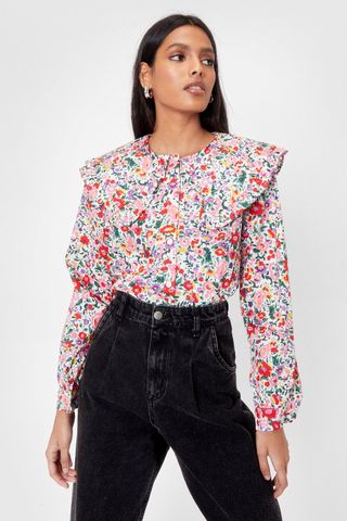 NastyGal + Floral Oversized Collar Button Up Blouse