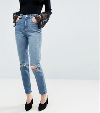 ASOS + High Waist Mom Jeans in Prince Wash With Busted Knees