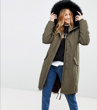 New Look + Multi Coloured Faux Fur Lined Parka