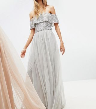 Maya Bardot + Sequin Top Tulle Detail Dress With High Low Hem