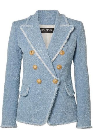 Balmain + Double-Breasted Cotton-Blend Bouclé-Tweed Blazer