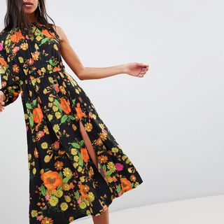 ASOS + One Shoulder Balloon Sleeve Midi Dress in Floral Print