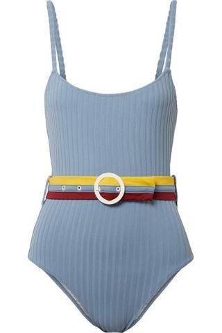 Solid & Striped + The Nina Belted Ribbed Stretch-Knit Swimsuit