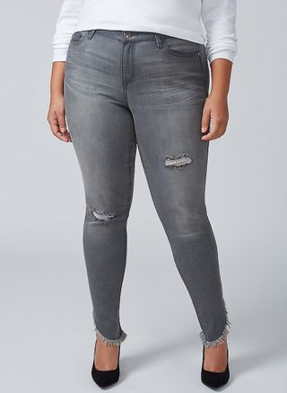 Lane Bryant + Super Stretch Skinny Jean-Frayed Asymmetrical Hem