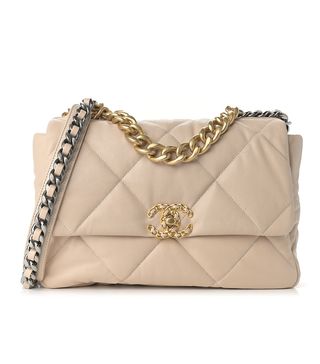 Chanel + Lambskin Quilted Large Chanel 19 Flap Beige