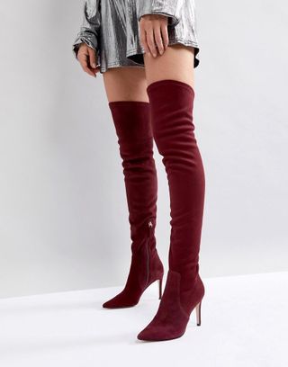 Dune + London Pull-On Over the Knee Suede Boot in Berry