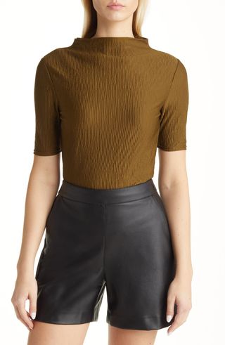 Halogen + Plissé Smocked Funnel Neck Top