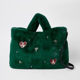 River Island + Green Faux Fur Jewel Embellished Bag