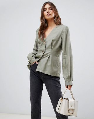 ASOS Design + V Neck Button Through Top With Pleat Detail