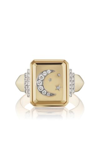 Sorellina + Crescent Moon 18k Yellow Gold Diamond Signet Ring