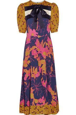 Roksanda + Masek Fluted Striped Silk-satin And Floral-print Silk Crepe De Chine Midi Dress
