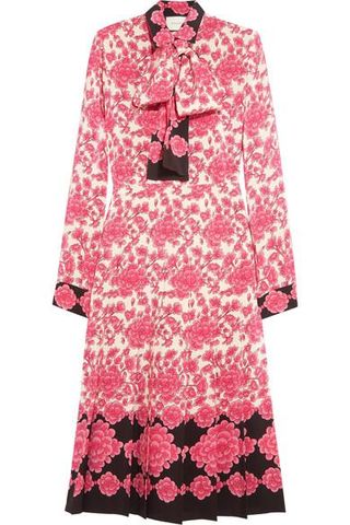 Gucci + Pussy-Bow Pleated Printed Silk Crepe de Chine Dress