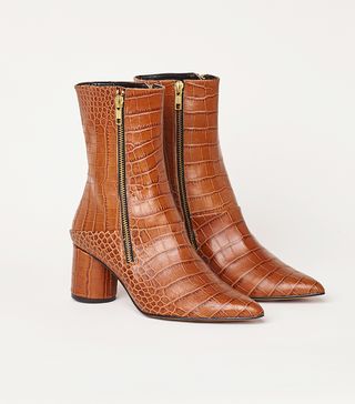 Finery + Emilia Tan Leather Croc-Effect Ankle Boot
