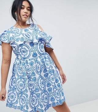 ASOS Curve + Premium Sleeveless Broderie Skater Dress With Ruffle and Open Back