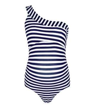 JoJo Maman Bébé + Navy & White Stripe One Shoulder Maternity Swimsuit