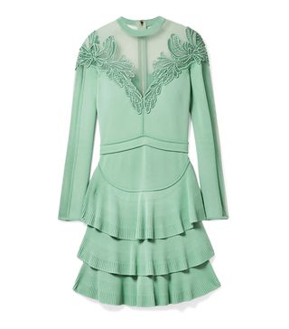 Elie Saab + Appliquéd Tulle-Paneled Stretch-Knit Mini Dress