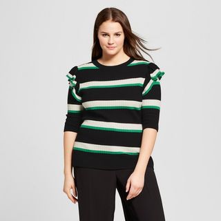 Who What Wear + Striped 3/4 Sleeve Shoulder Frill Crew