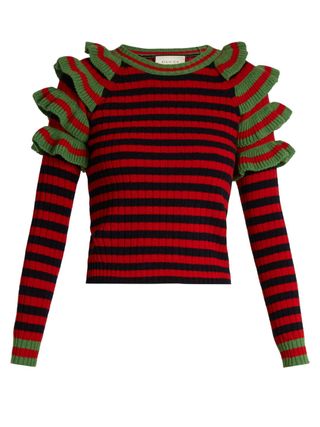 Gucci + Striped Ruffled-Shoulder Wool Sweater