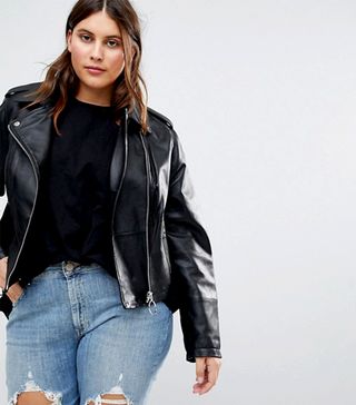 ASOS Curve + Leather Jacket With Ring Pull Details