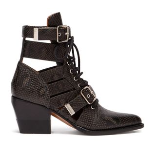 Chloé + Rylee Cut-Out Python-Effect Leather Ankle Boots