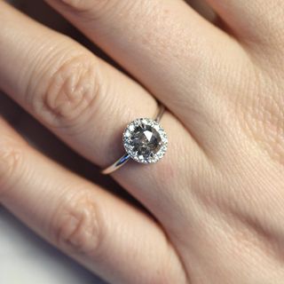 Point No Point Studio + 1.01 Carat Grey Speckled Diamond, Halo Engagement Ring, 14k White Gold