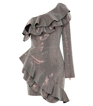 Balmain + One-Shoulder Ruffled Crystal-Embellished Crepe Mini Dress