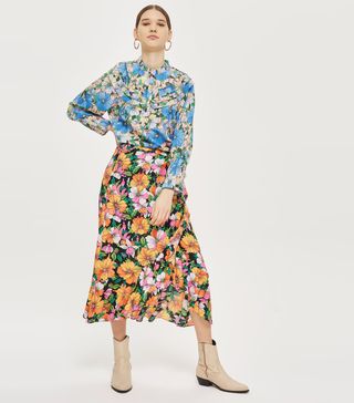 Topshop + Heavy Petal Print Midi Skirt