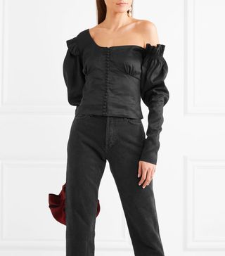 Magda Butrym + Vannes Off-the-Shoulder Ruffle-Trimmed Linen and Silk-Blend Top