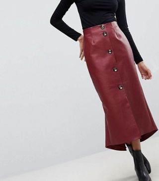 ASOS + Leather Look Midaxi Skirt with Button Detail