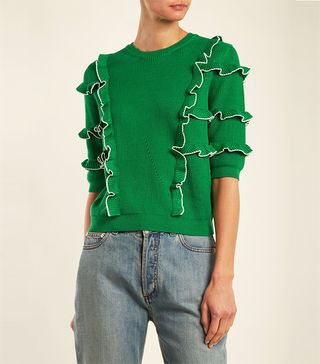 Valentino + Ruffle-Trimmed Ribbed-Knit Cotton Sweater