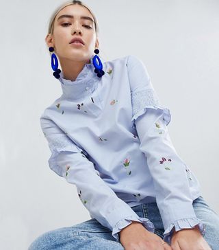 Boohoo + High Neck Striped Embroidered Blouse