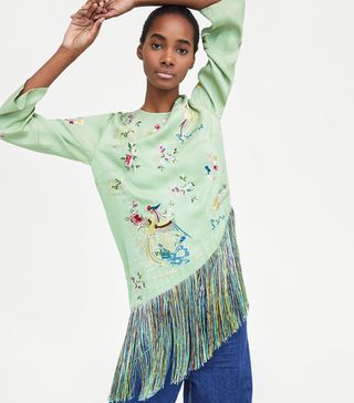 Zara + Embroidered Top With Fringing