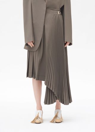 Céline + Asymmetrical Pleated Skirt in Wool Gabardine