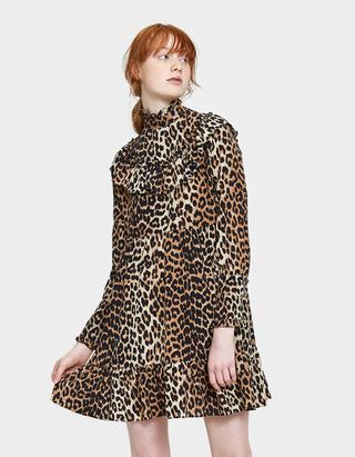 Ganni + Fayette Silk Ruffle Dress in Leopard