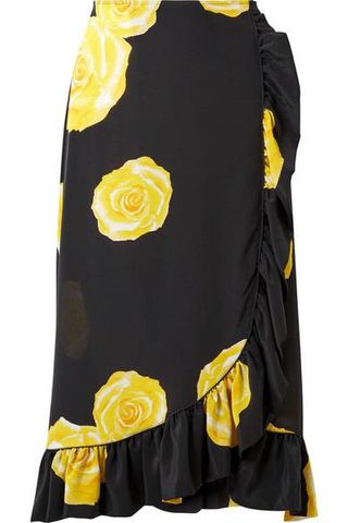 Ganni + Wrap-Effect Floral-Print Washed-Silk Midi Skirt