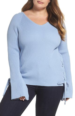 Glamorous + Glamorous Bell Sleeve Lace-Up Sweater