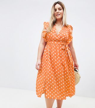 Glamorous + Curve Sleeveless Midi Dress With Flutter Sleeves In Polka Dot